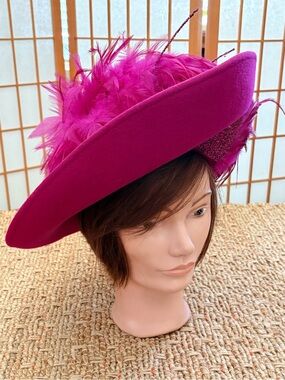 Vintage Deborah Fashions Fuchsia Feathered Felt Tilt Hat with Decorative Trim